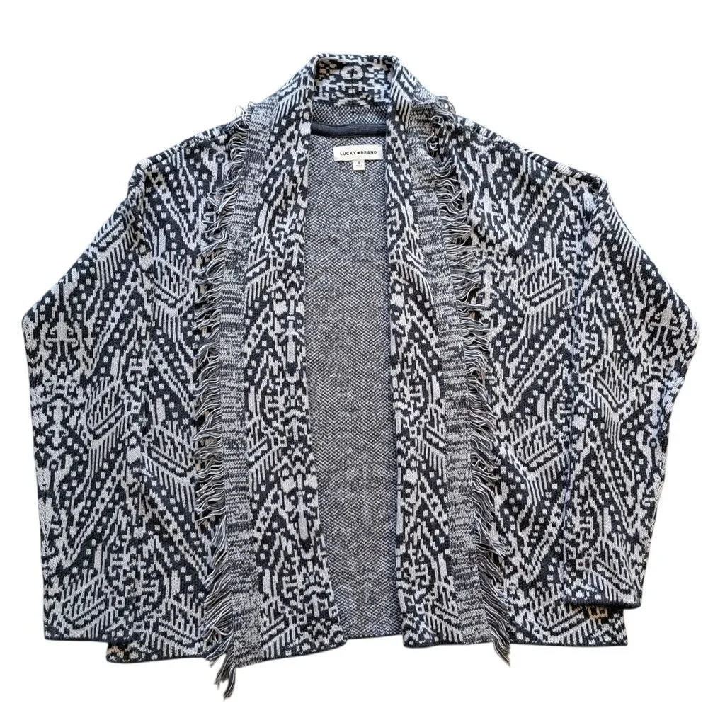 Lucky Brand Shawl Collar Western Boho Open Front Cardigan Small Gray Multi NWT